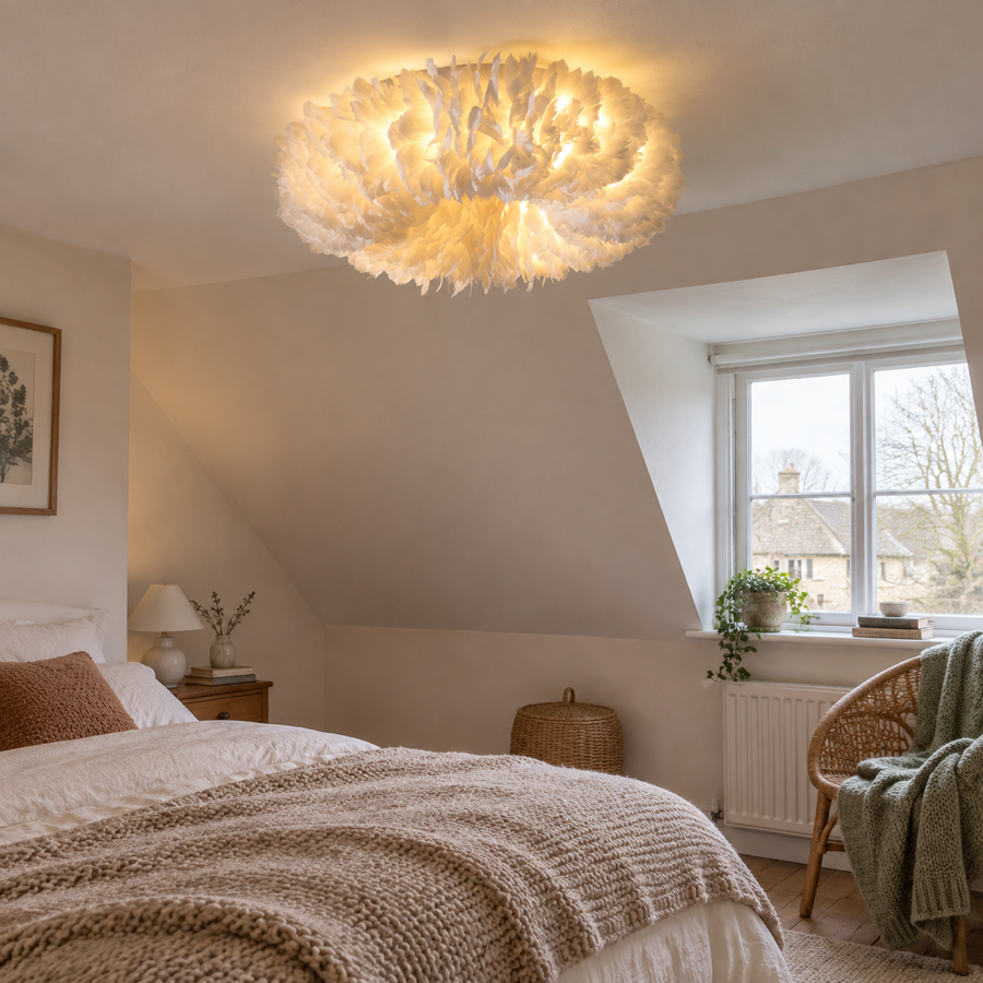 Feather ceiling lamp in a cottage bedroom