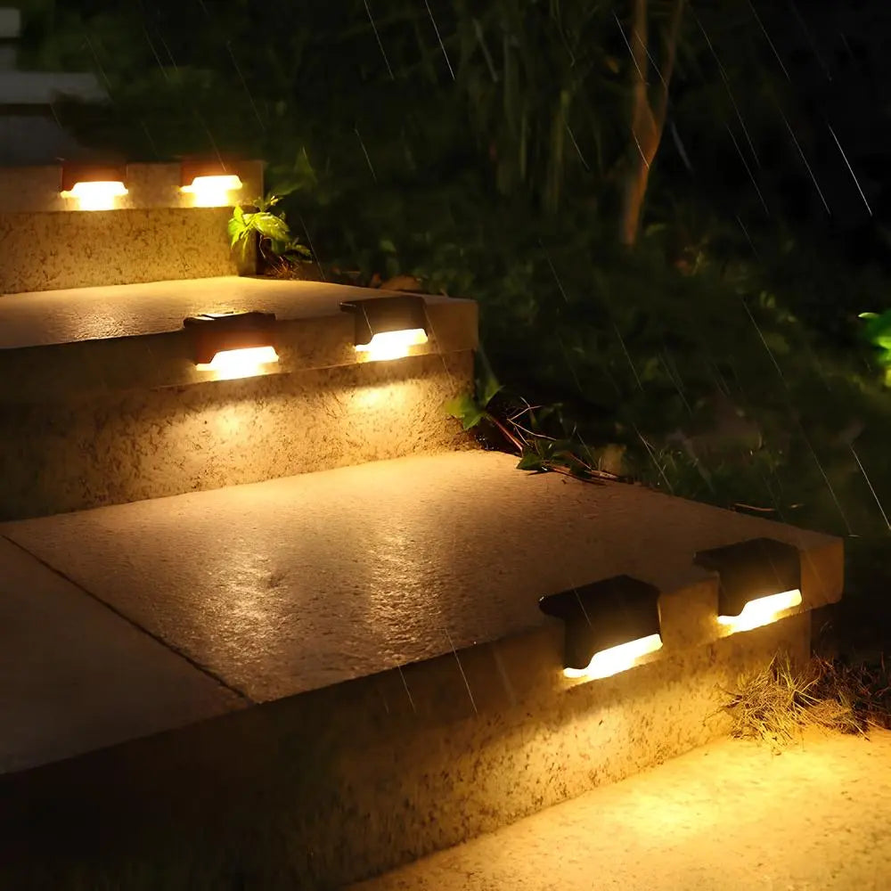 Solar-powered LED stair lighting with automatic outdoor illumination