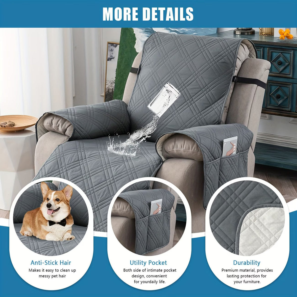Waterproof Quilted Recliner Chair Cover With Non-Slip Backing & Storage Pockets