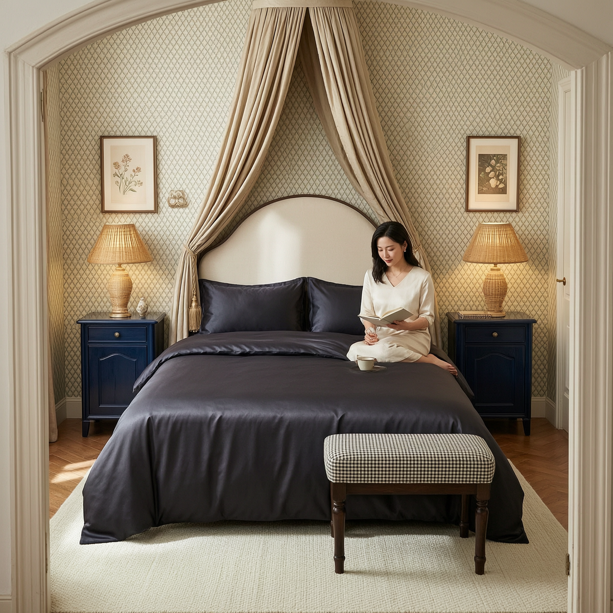 Woman reading in bed dressed with the 4-piece breathable bedding set under a floral canopy