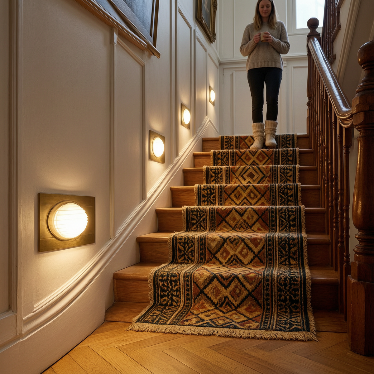 Aaban LED stair lights glowing along a Victorian oak staircase in the evening