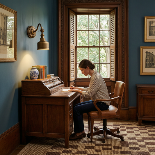 Addison brass gooseneck wall lamp lighting a writing desk in a teal Victorian study