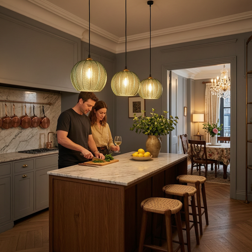 Three Aalin pendant lights glowing over a marble kitchen island at suppertime