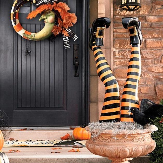 Witch Leg Stakes – Halloween Garden Decoration with Striped Stockings & Buckled Boots