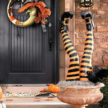 Witch Leg Stakes – Halloween Garden Decoration with Striped Stockings & Buckled Boots