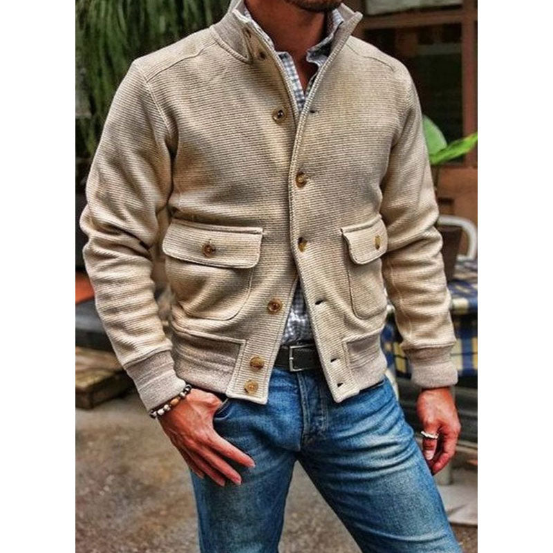 Men's motorcycle-style jacket solid color with stand-up collar