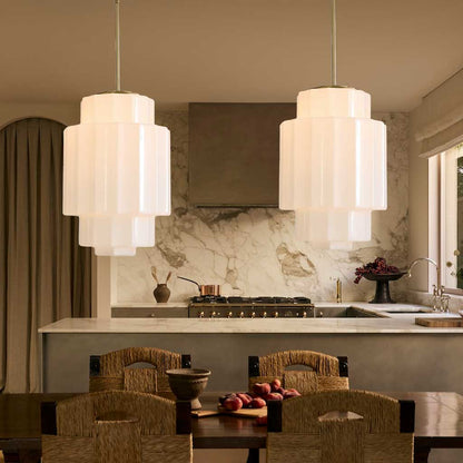 Antique Brass Tiered Opal White Glass Pendant Light