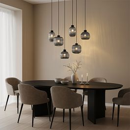 Cluster Pendant Light – 6 Ribbed Smoke Glass Shades at Staggered Heights, Black