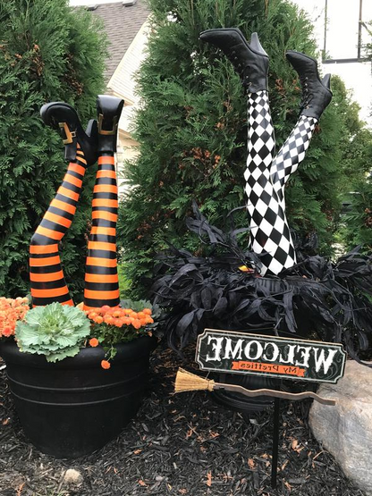 Witch Leg Stakes – Halloween Garden Decoration with Striped Stockings & Buckled Boots