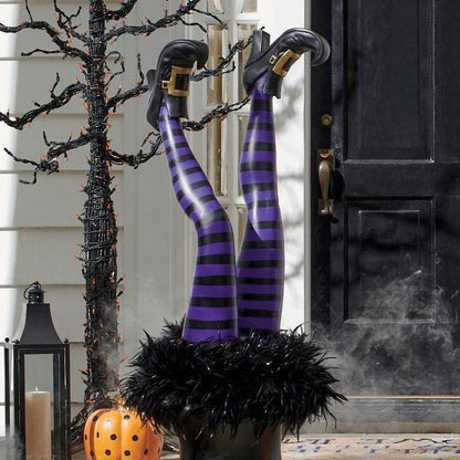 Witch Leg Stakes – Halloween Garden Decoration with Striped Stockings & Buckled Boots