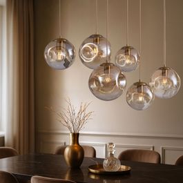 Art Deco Pendant Lamp Brass with Oval Ceiling Plate and Amber Glass 6-Lights - Douglass