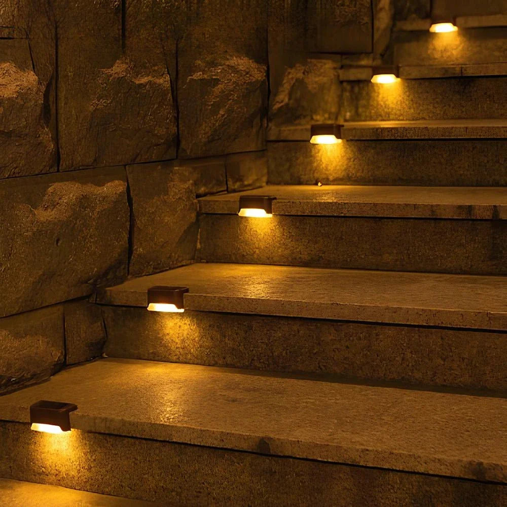 Solar-powered LED stair lighting with automatic outdoor illumination