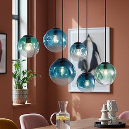 Art Deco Pendant Lamp Black with Oval Ceiling Plate and Green and Blue Glass 6-Lights - Douglass