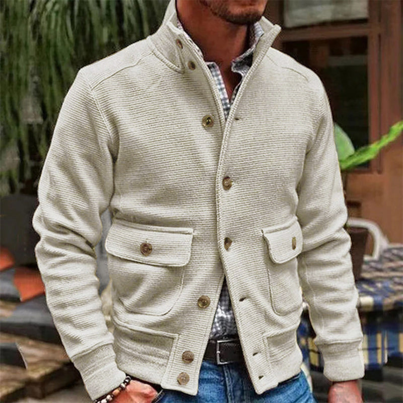 Men's motorcycle-style jacket solid color with stand-up collar