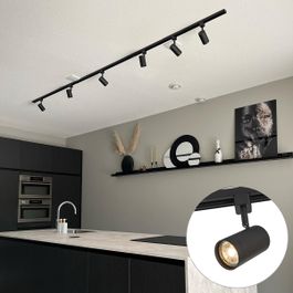 6 Light Track Spotlights – Black Adjustable Spots on 286cm Rail, 1 Phase, Open-Plan Rooms