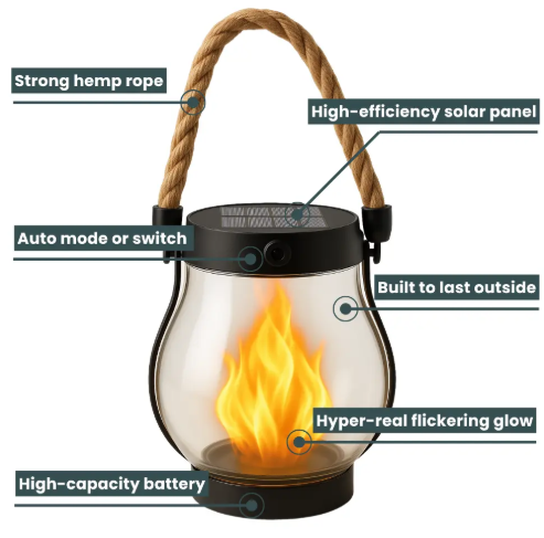 Solar Flame Torch – Flickering Flame Effect Garden Light, Auto On at Dusk, Up to 12 Hours