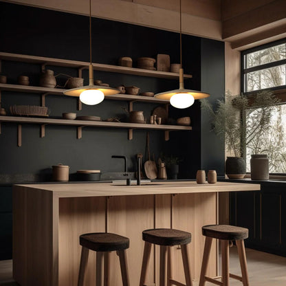 Wood and Stone Pendant Light - Japandi Ceiling Lamp