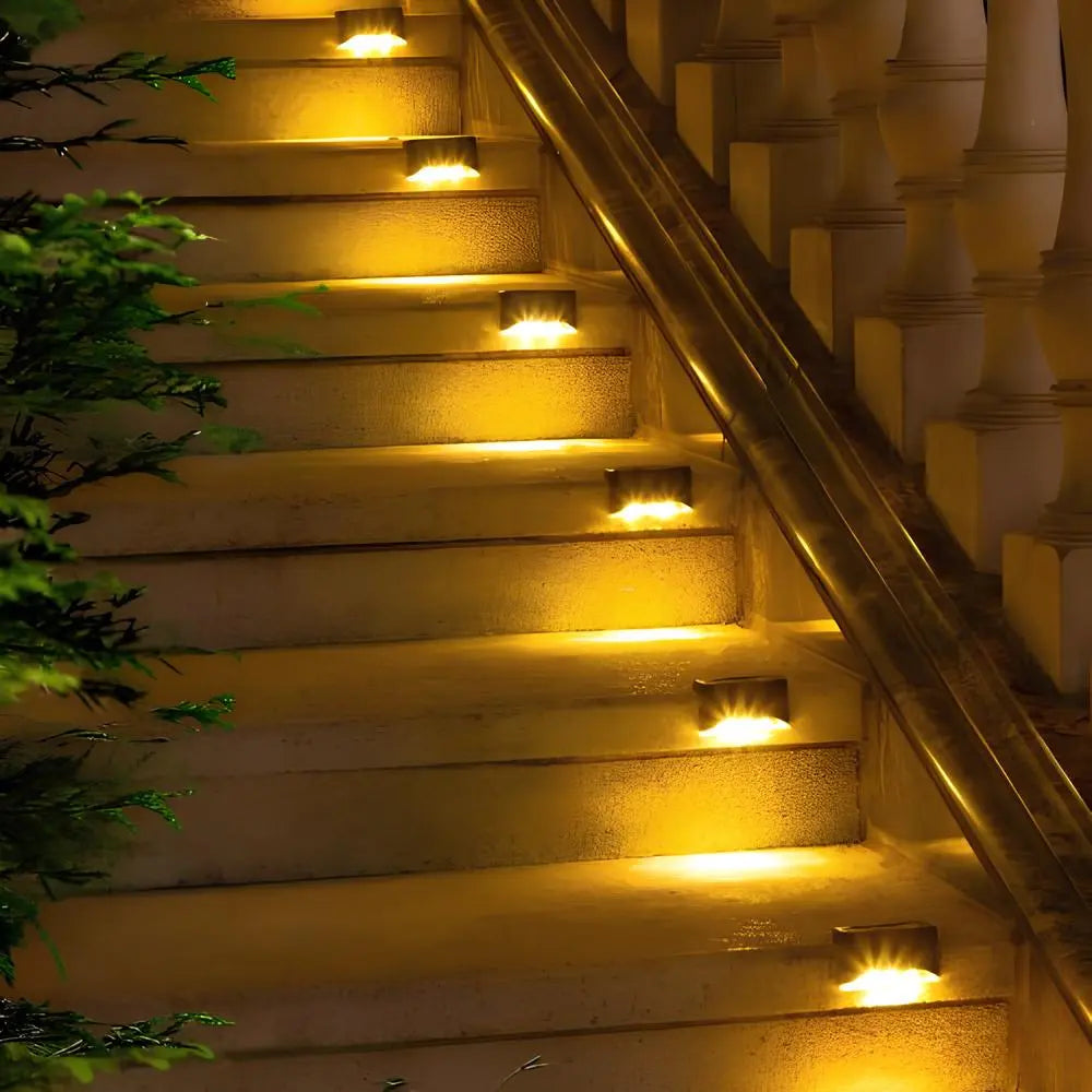 Solar-powered LED stair lighting with automatic outdoor illumination