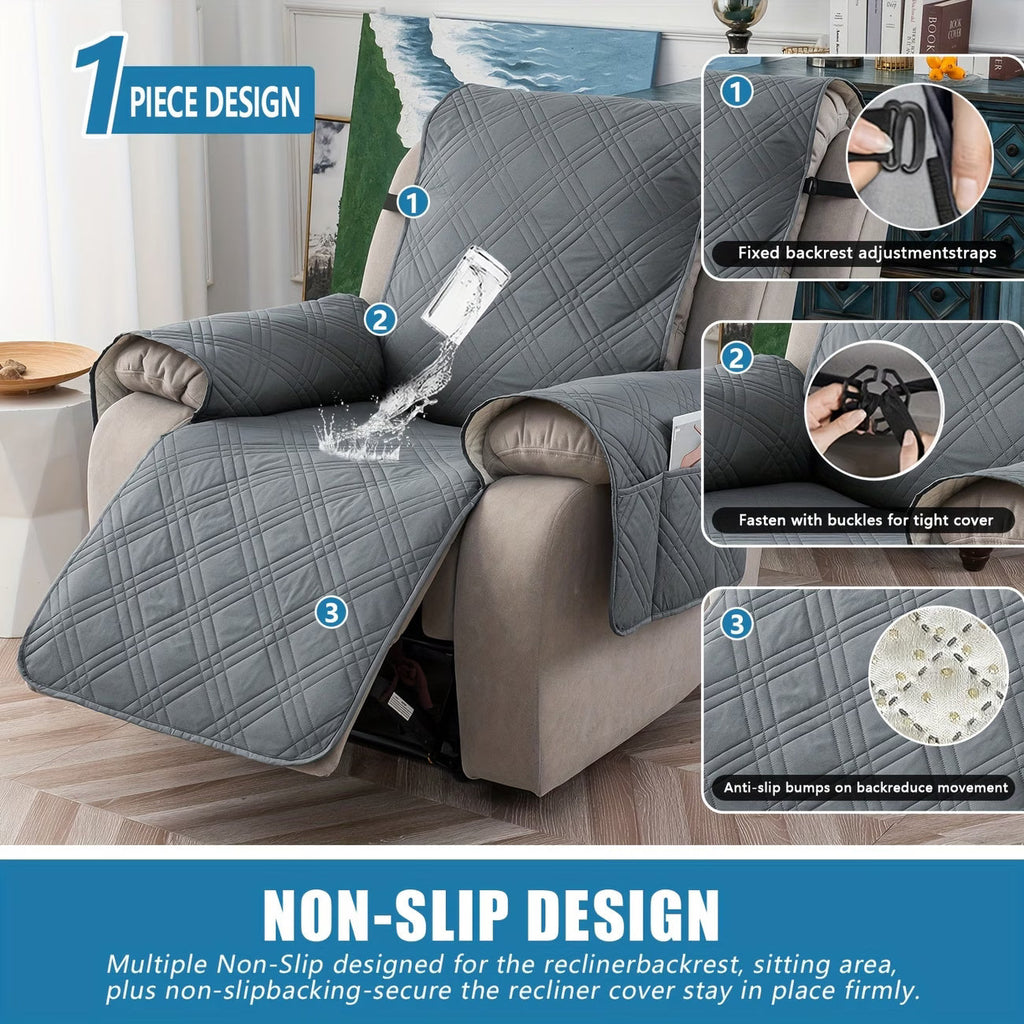 Waterproof Quilted Recliner Chair Cover With Non-Slip Backing & Storage Pockets