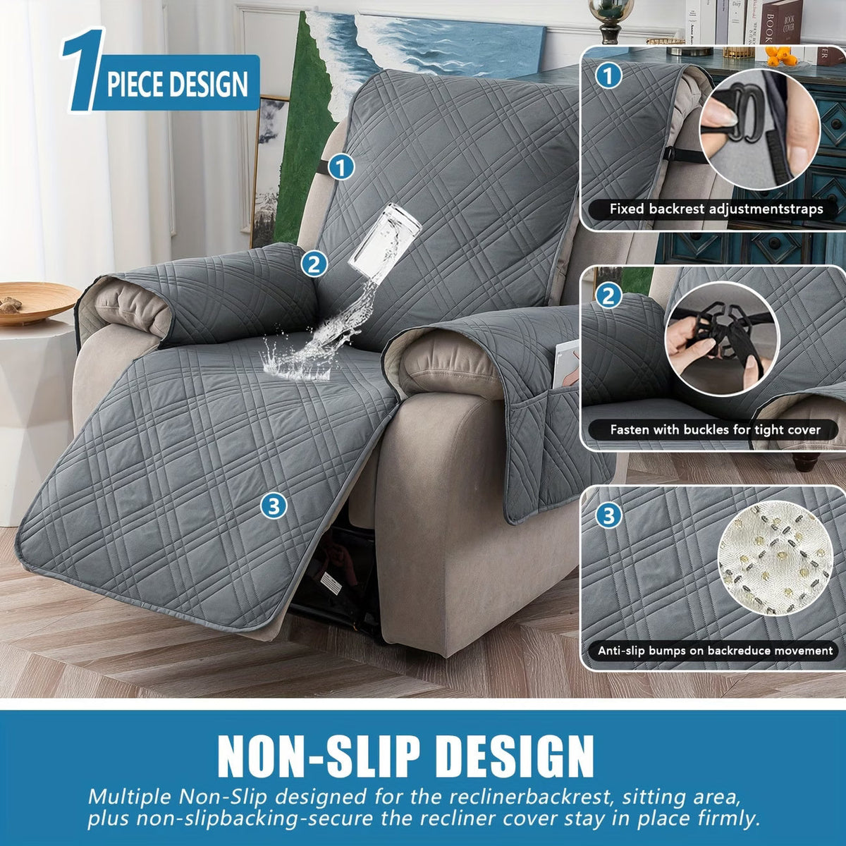 Waterproof Quilted Recliner Chair Cover With Non-Slip Backing & Storage Pockets