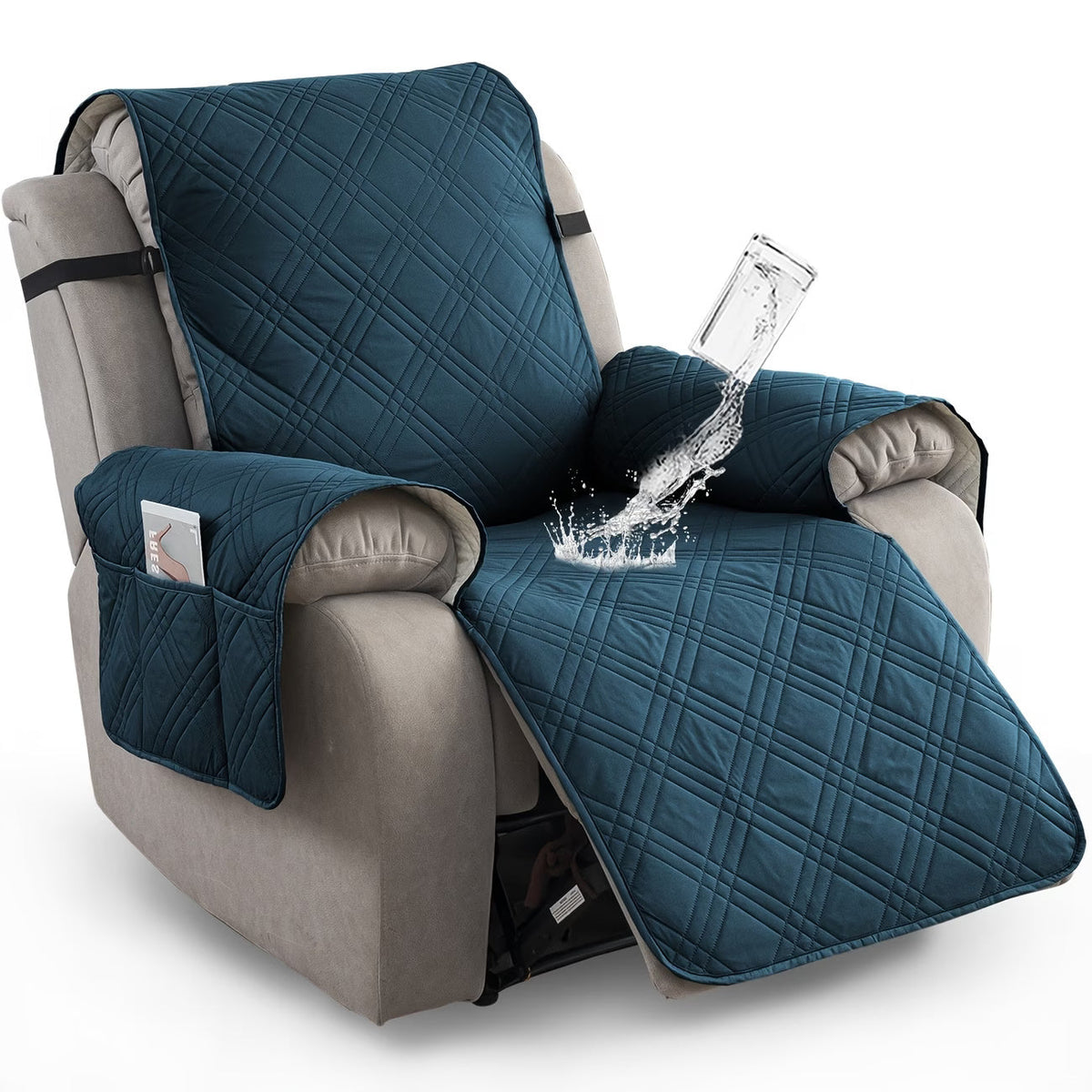 Waterproof Quilted Recliner Chair Cover With Non-Slip Backing & Storage Pockets
