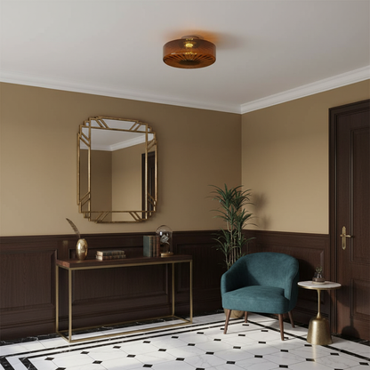 Amber Glass Ceiling Light – Mid-Century Flush Light, 20, 28 or 38cm, Chrome & Amber, Dimmable Option