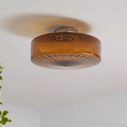 Amber Glass Ceiling Light – Mid-Century Flush Light, 20, 28 or 38cm, Chrome & Amber, Dimmable Option