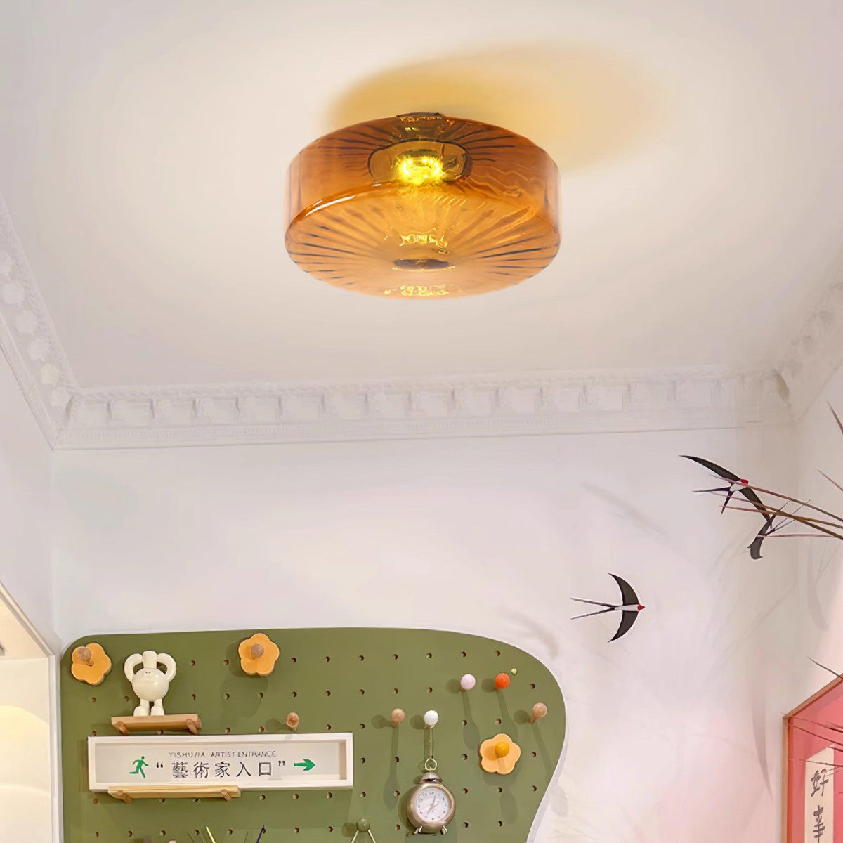 Amber Glass Ceiling Light – Mid-Century Flush Light, 20, 28 or 38cm, Chrome & Amber, Dimmable Option