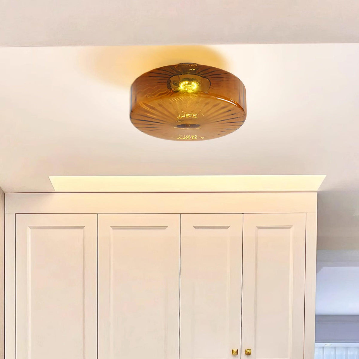 Amber Glass Ceiling Light – Mid-Century Flush Light, 20, 28 or 38cm, Chrome & Amber, Dimmable Option