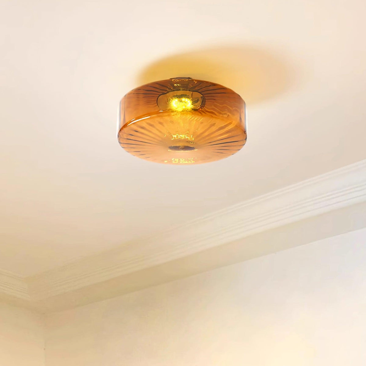Amber Glass Ceiling Light – Mid-Century Flush Light, 20, 28 or 38cm, Chrome & Amber, Dimmable Option