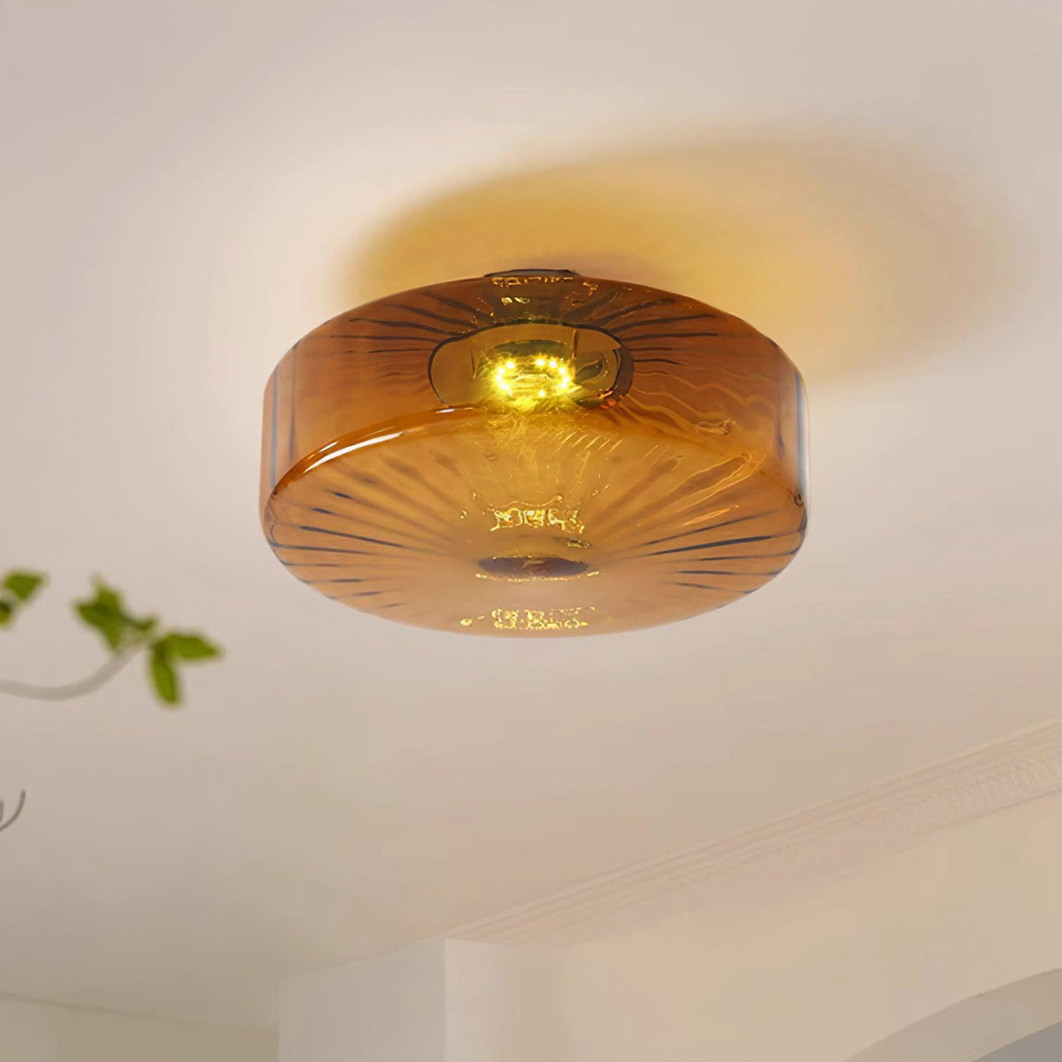 Amber Glass Ceiling Light – Mid-Century Flush Light, 20, 28 or 38cm, Chrome & Amber, Dimmable Option