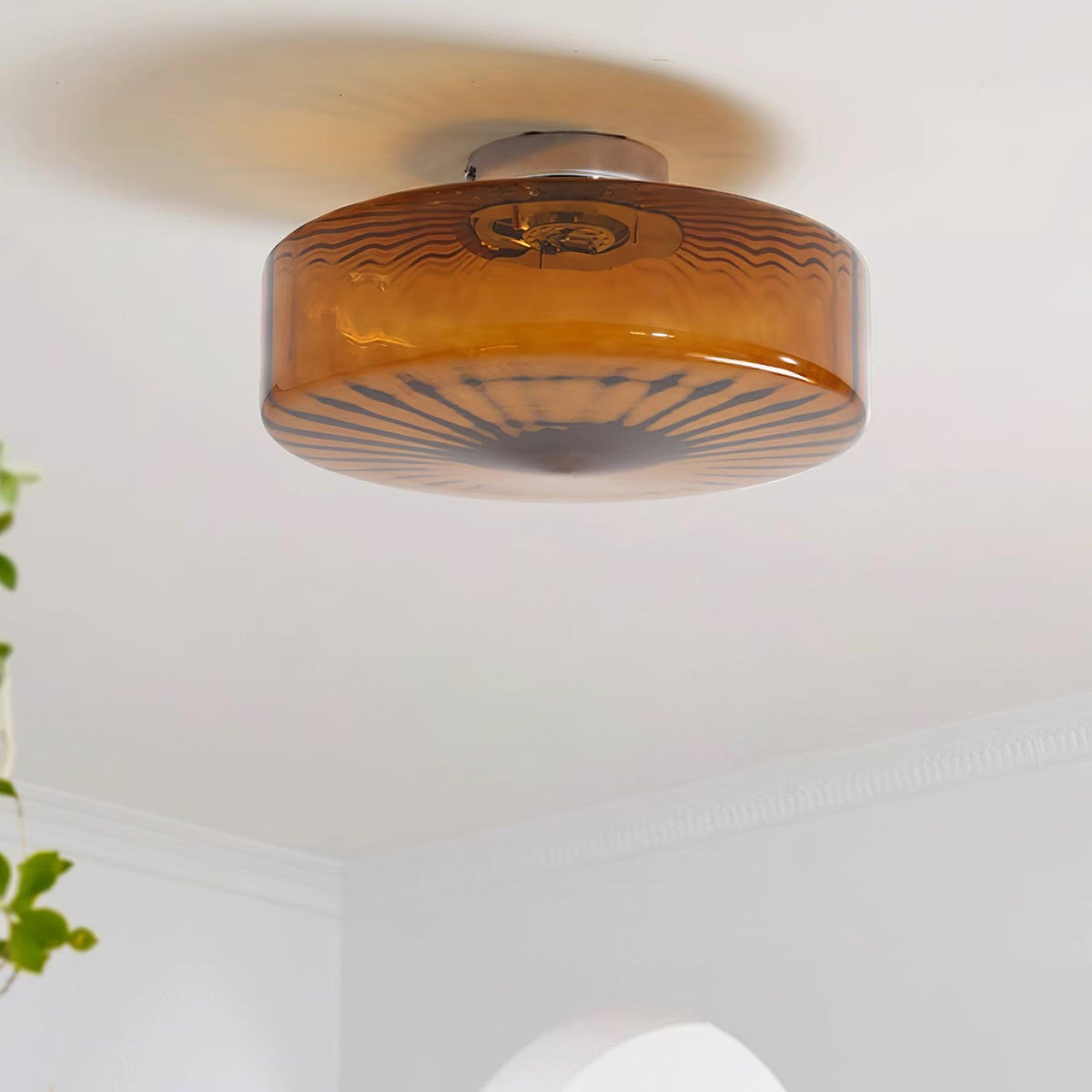 Amber Glass Ceiling Light – Mid-Century Flush Light, 20, 28 or 38cm, Chrome & Amber, Dimmable Option