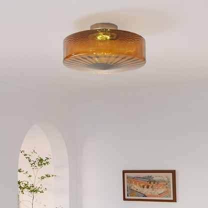Amber Glass Ceiling Light – Mid-Century Flush Light, 20, 28 or 38cm, Chrome & Amber, Dimmable Option