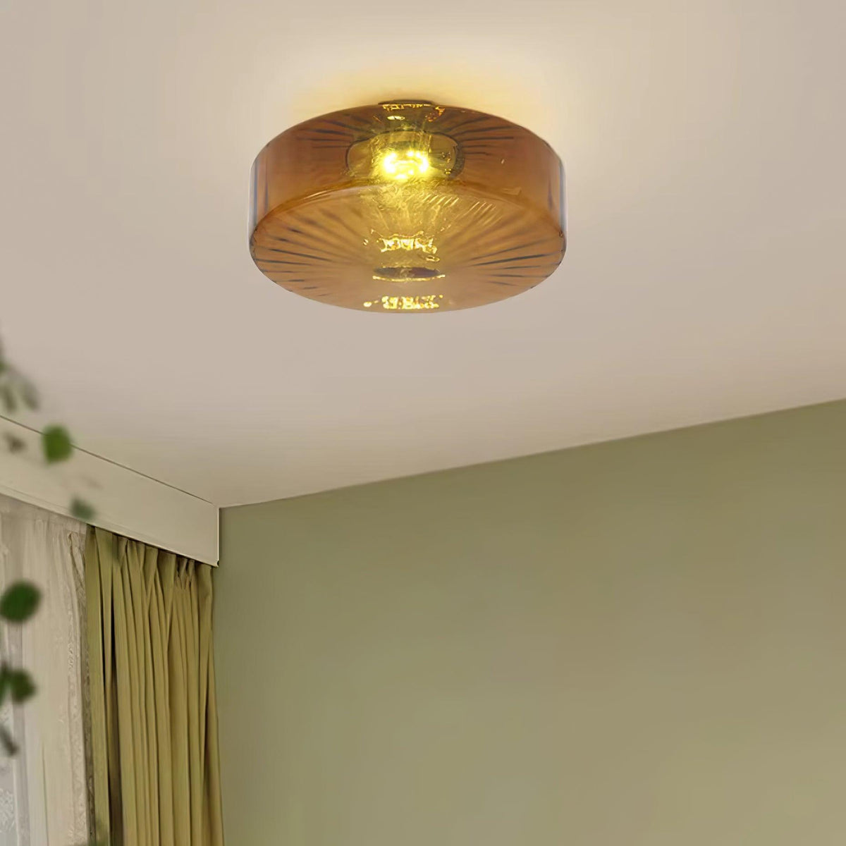 Amber Glass Ceiling Light – Mid-Century Flush Light, 20, 28 or 38cm, Chrome & Amber, Dimmable Option