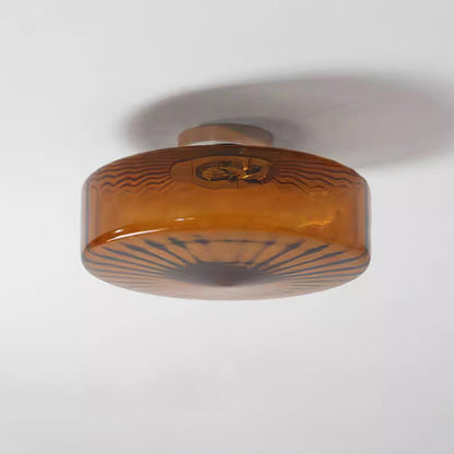 Amber Glass Ceiling Light – Mid-Century Flush Light, 20, 28 or 38cm, Chrome & Amber, Dimmable Option