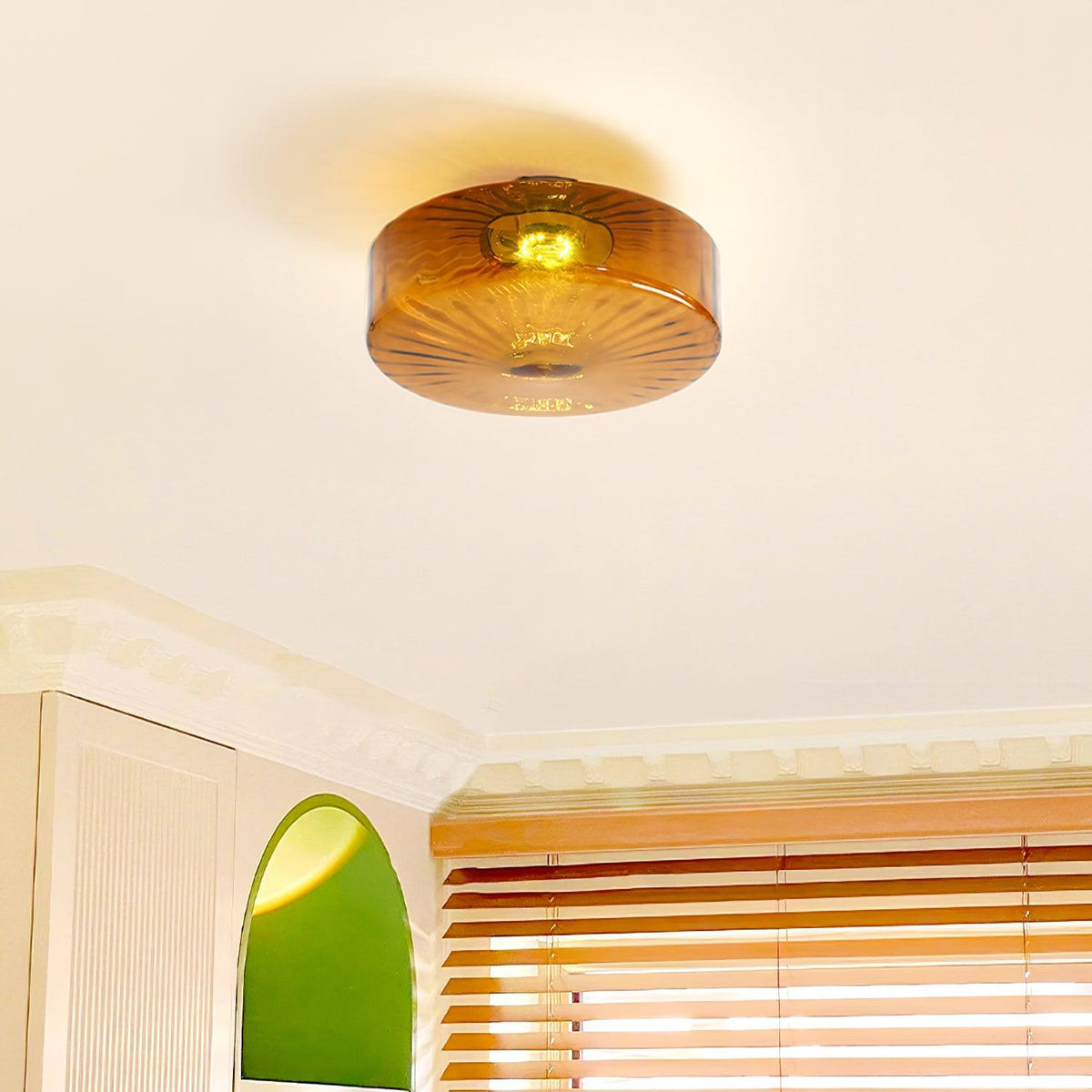 Amber Glass Ceiling Light – Mid-Century Flush Light, 20, 28 or 38cm, Chrome & Amber, Dimmable Option