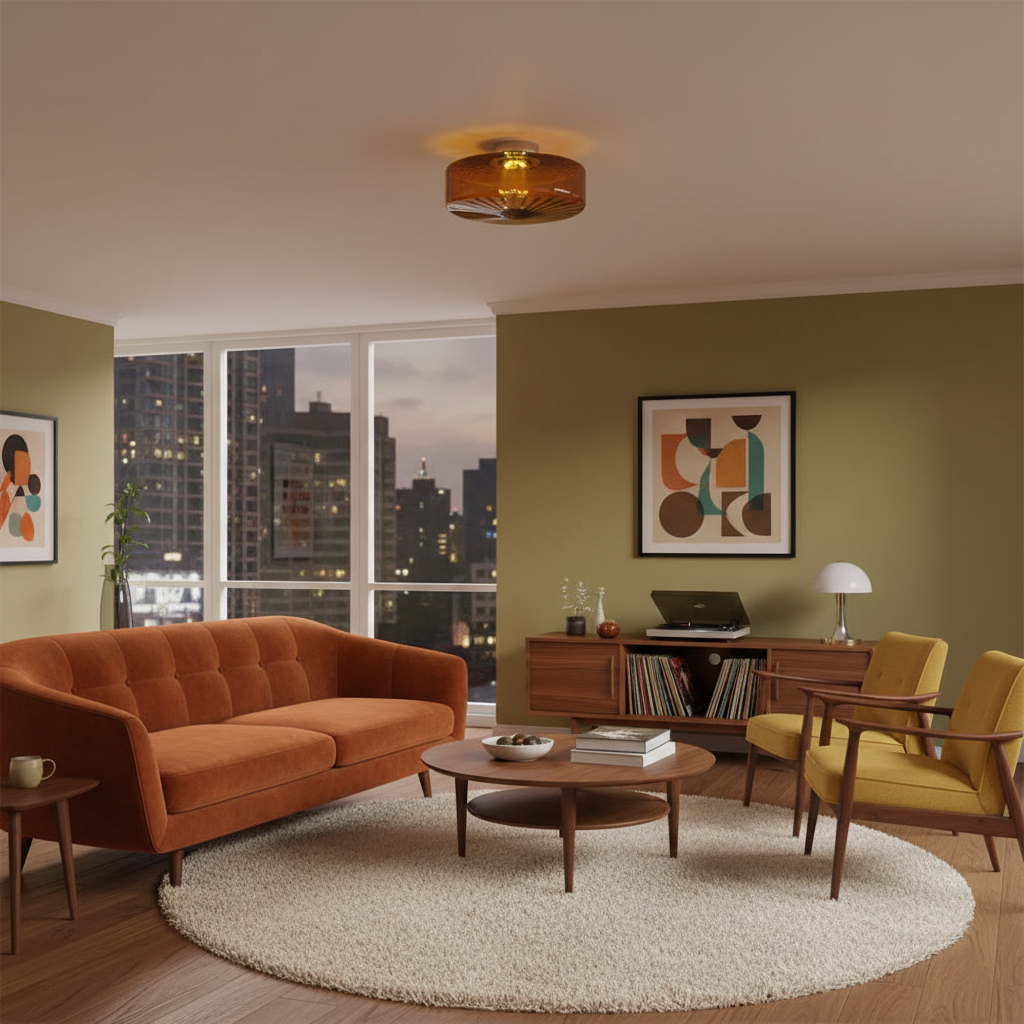 Amber Glass Ceiling Light – Mid-Century Flush Light, 20, 28 or 38cm, Chrome & Amber, Dimmable Option