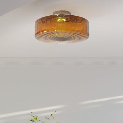 Amber Glass Ceiling Light – Mid-Century Flush Light, 20, 28 or 38cm, Chrome & Amber, Dimmable Option
