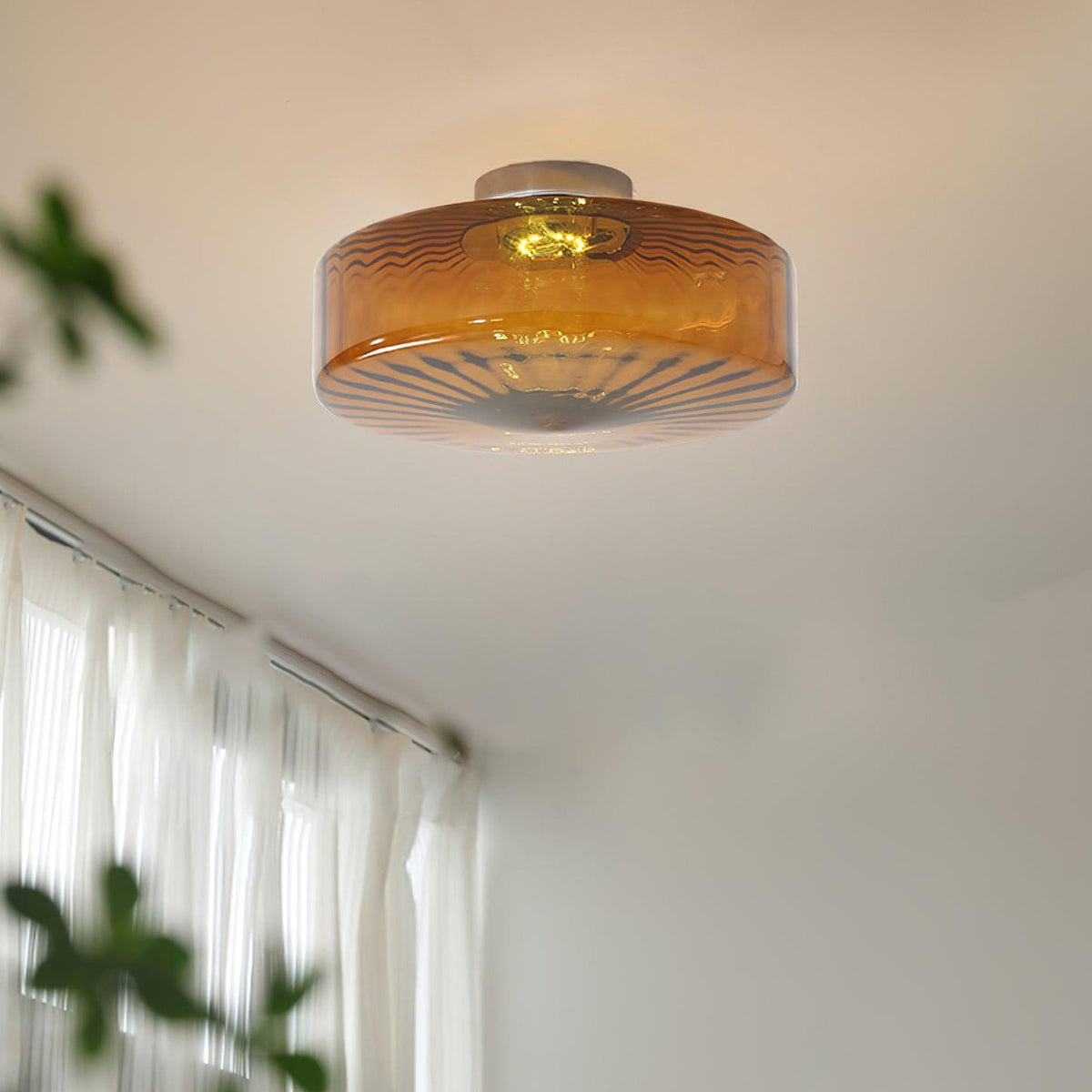 Amber Glass Ceiling Light – Mid-Century Flush Light, 20, 28 or 38cm, Chrome & Amber, Dimmable Option