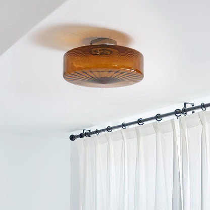 Amber Glass Ceiling Light – Mid-Century Flush Light, 20, 28 or 38cm, Chrome & Amber, Dimmable Option