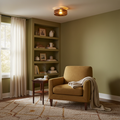 Amber Glass Ceiling Light – Mid-Century Flush Light, 20, 28 or 38cm, Chrome & Amber, Dimmable Option