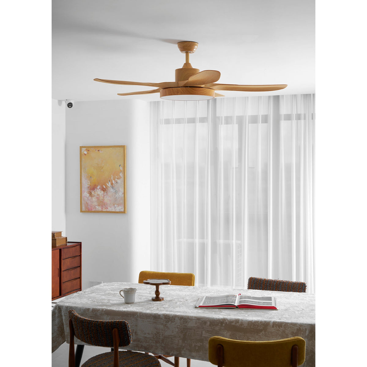 52 Inch Ceiling Fan with Light – Wood-Effect & Brass, 132cm, Warm LED, Remote Control