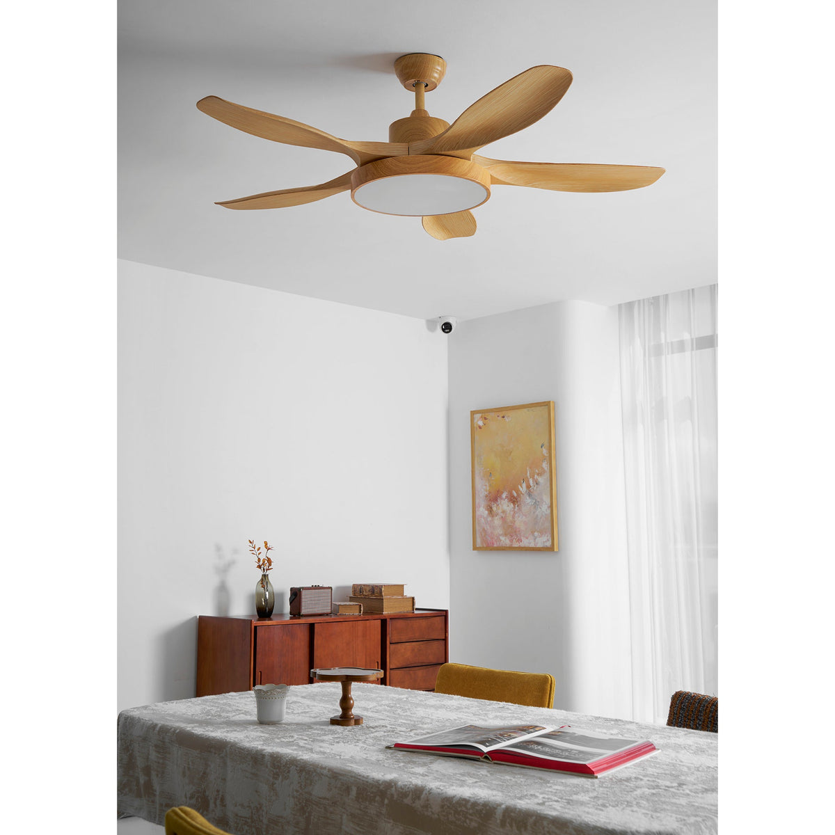 52 Inch Ceiling Fan with Light – Wood-Effect & Brass, 132cm, Warm LED, Remote Control