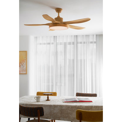 52 Inch Ceiling Fan with Light – Wood-Effect & Brass, 132cm, Warm LED, Remote Control