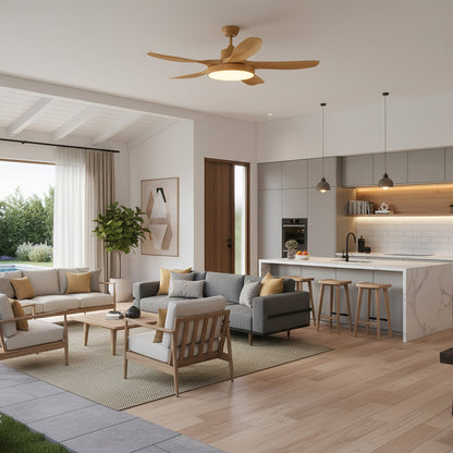 52 Inch Ceiling Fan with Light – Wood-Effect & Brass, 132cm, Warm LED, Remote Control