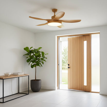 52 Inch Ceiling Fan with Light – Wood-Effect & Brass, 132cm, Warm LED, Remote Control