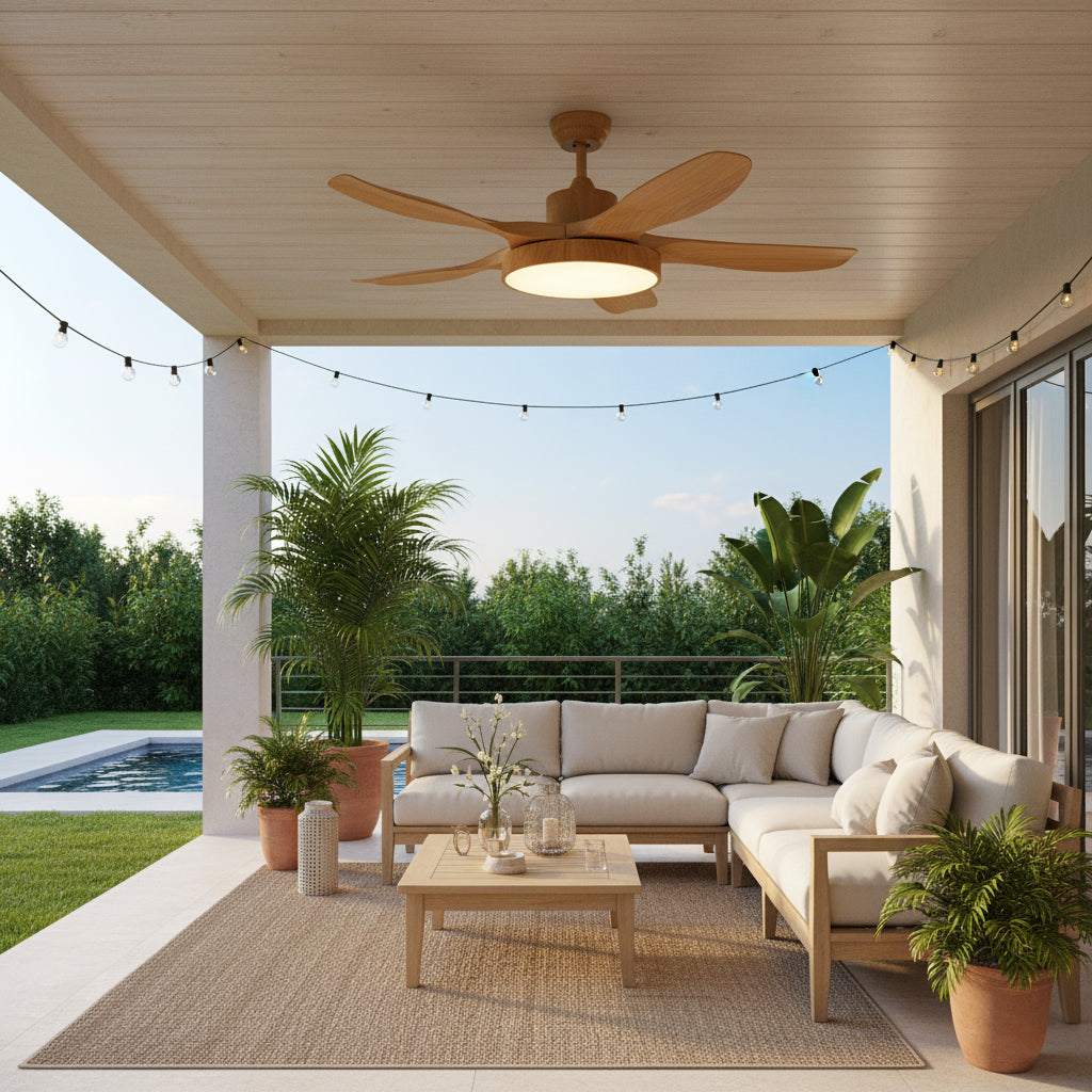 52 Inch Ceiling Fan with Light – Wood-Effect & Brass, 132cm, Warm LED, Remote Control