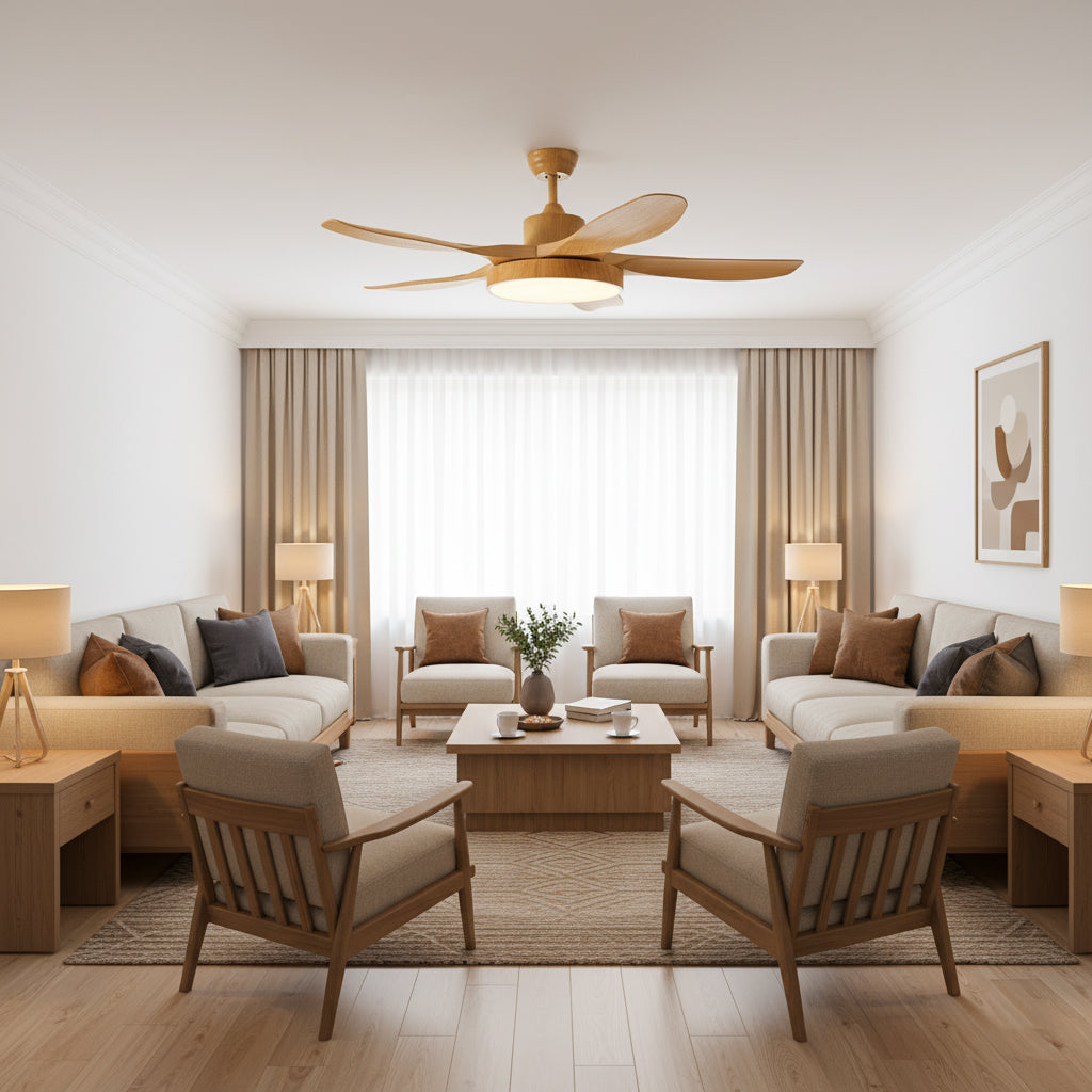 52 Inch Ceiling Fan with Light – Wood-Effect & Brass, 132cm, Warm LED, Remote Control
