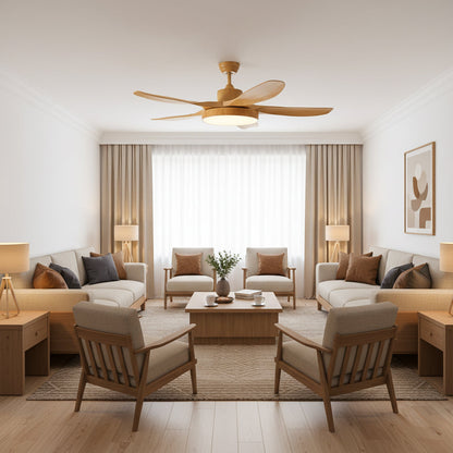 52 Inch Ceiling Fan with Light – Wood-Effect & Brass, 132cm, Warm LED, Remote Control