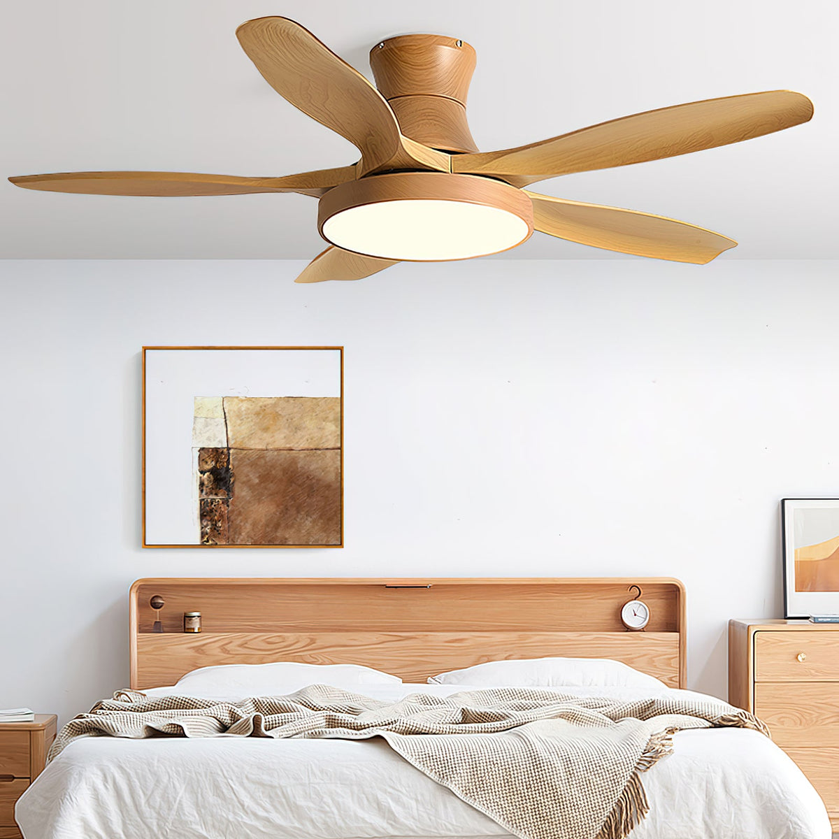 52 Inch Ceiling Fan with Light – Wood-Effect & Brass, 132cm, Warm LED, Remote Control